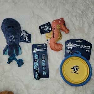 Life is Good Puppy Dog Toys Collapsible Feeding Water Bowl Leash & Collar SM New